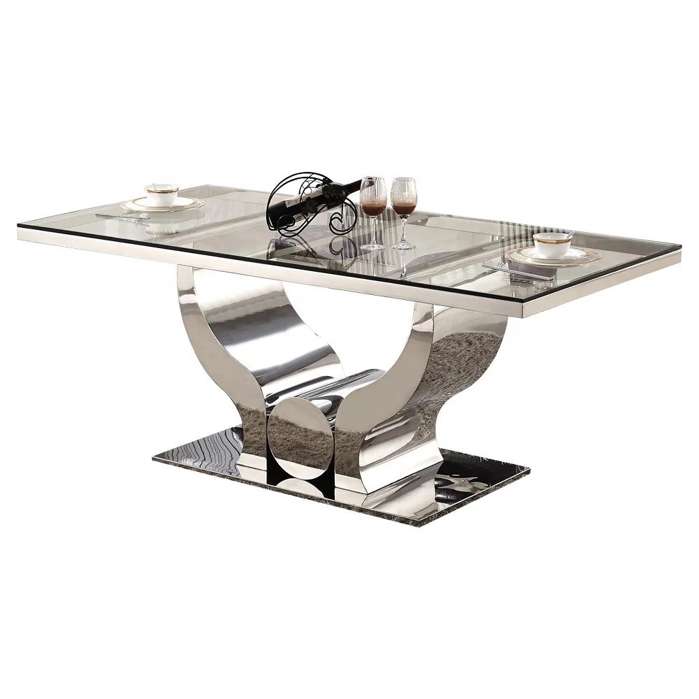 Dinner Table Set with 6 Chair Dining Table Set Clear Glass Top Stainless Steel Luxury Home Furniture Tempered Glass Modern