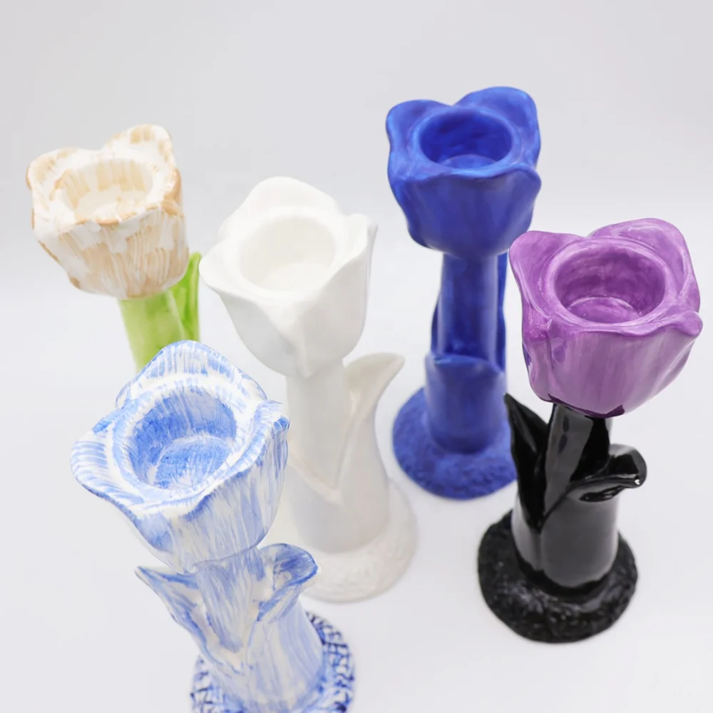Custom wholesale high-end handmade colorful matter glazed ceramic tulip taper candle stand ceramic floral candlestick holder