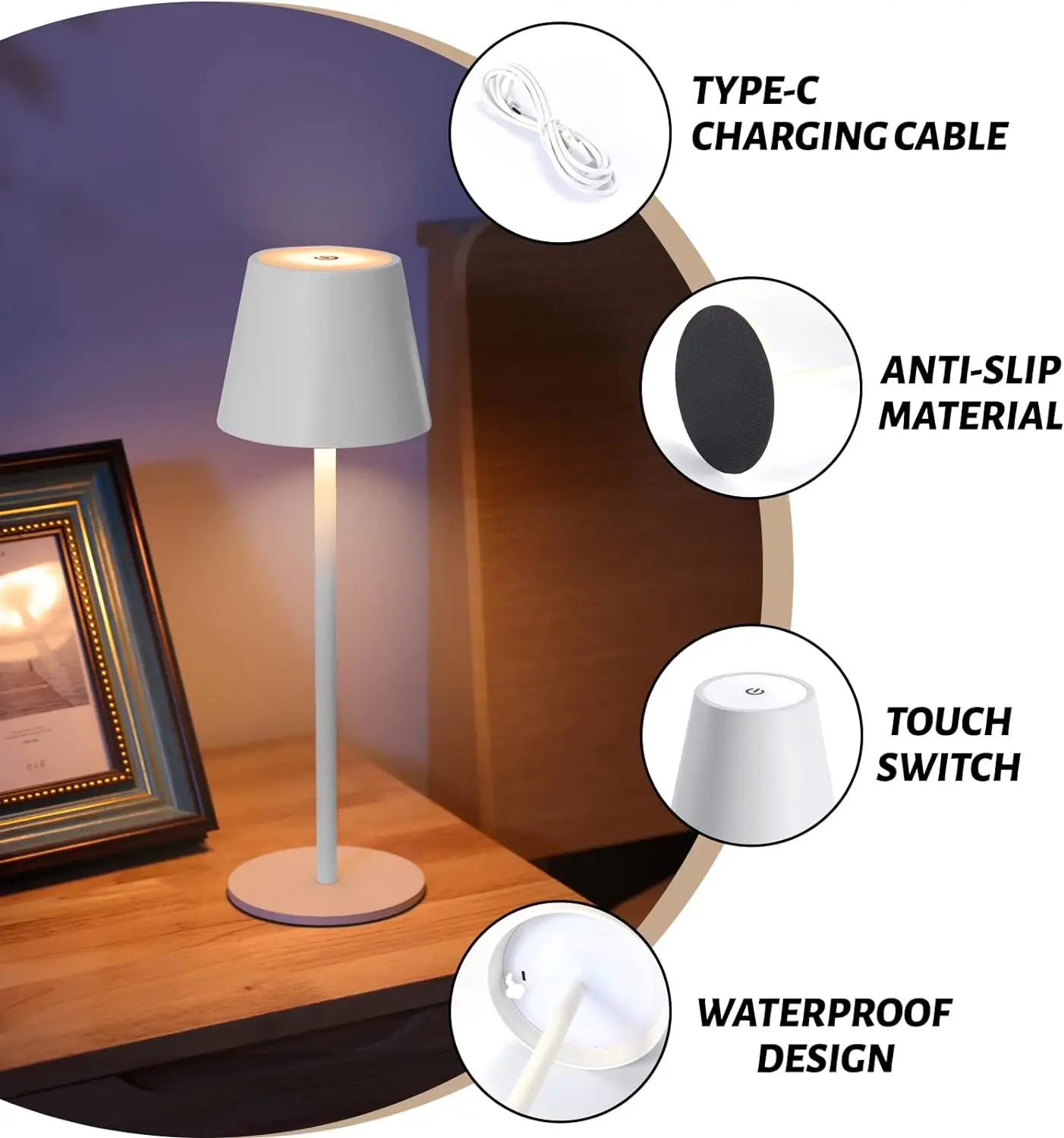 Outdoor Touch Table Lamps Desk Modern Bedroom Light Rechargeable Bar Cordless Restaurant Table Lamp with USB Charging Port