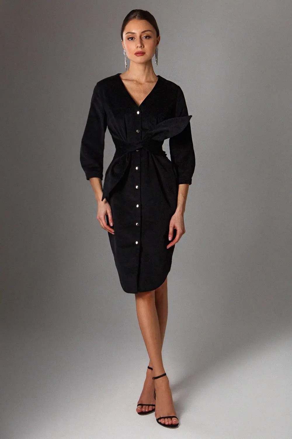 High Quality Fashion V Neck Three Quarter Sleeves Button Front Slim Fit Midi Dress For Women