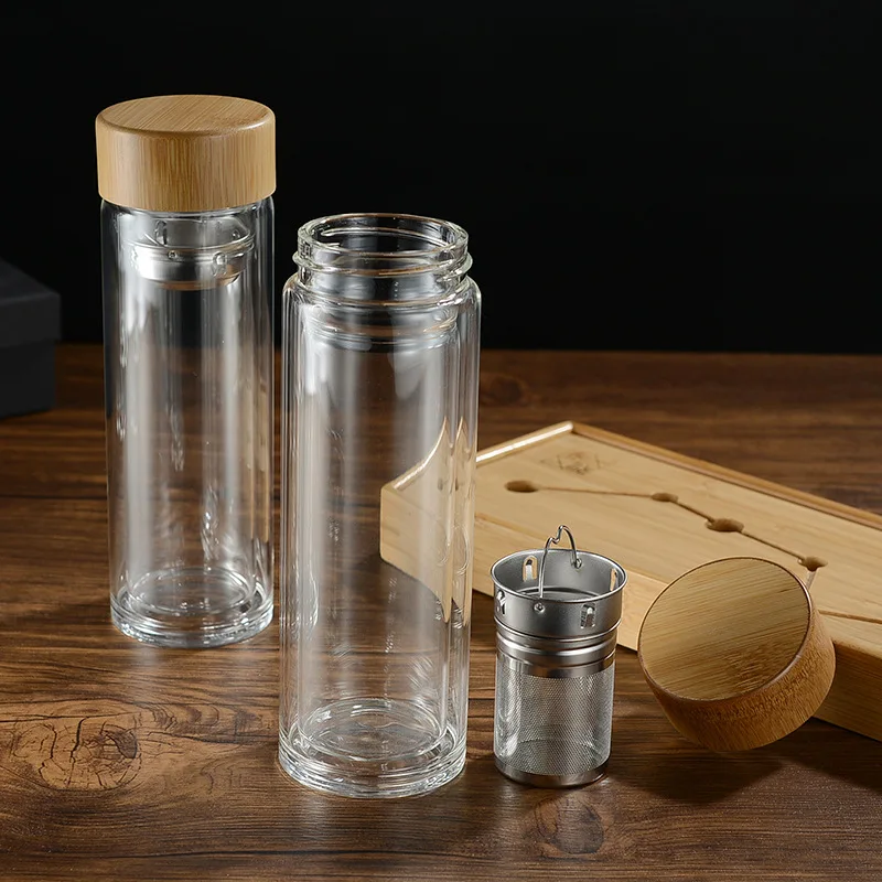 customer stainless steel infuser  bamboo lid double wall borosilicate glass  water bottle