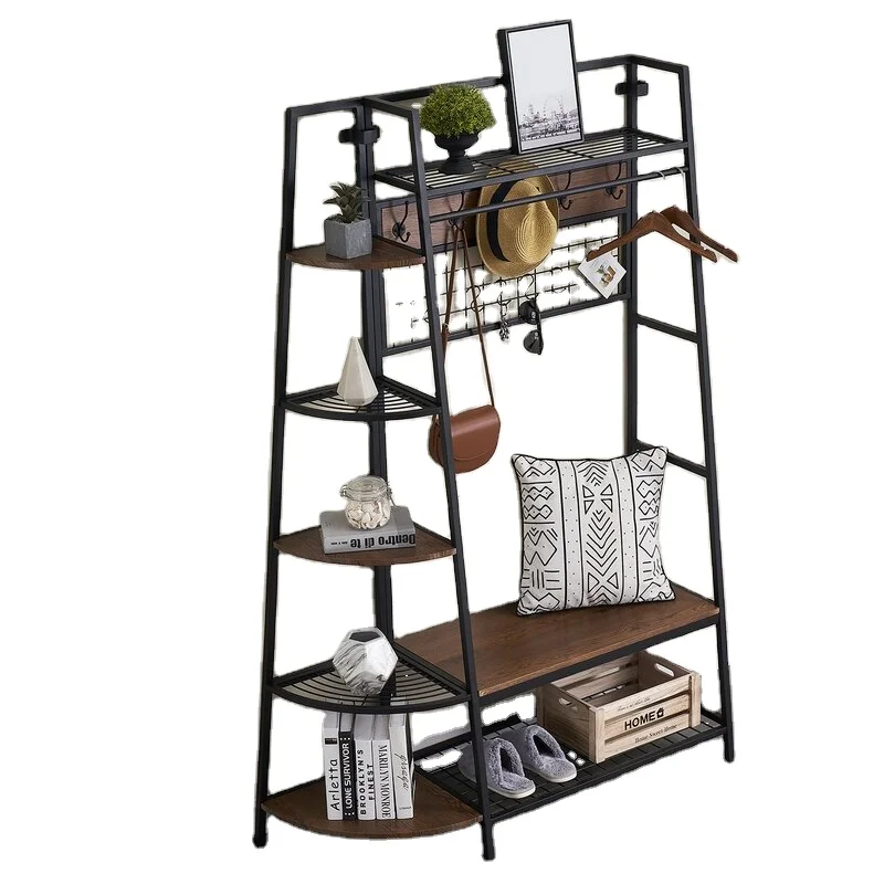 Многофункциональная вешалка для одежды, металлический стеллаж для пальто и обуви в спальню, деревянная вешалка, Портативная подставка для обуви и пальто со скамьей для гостиной