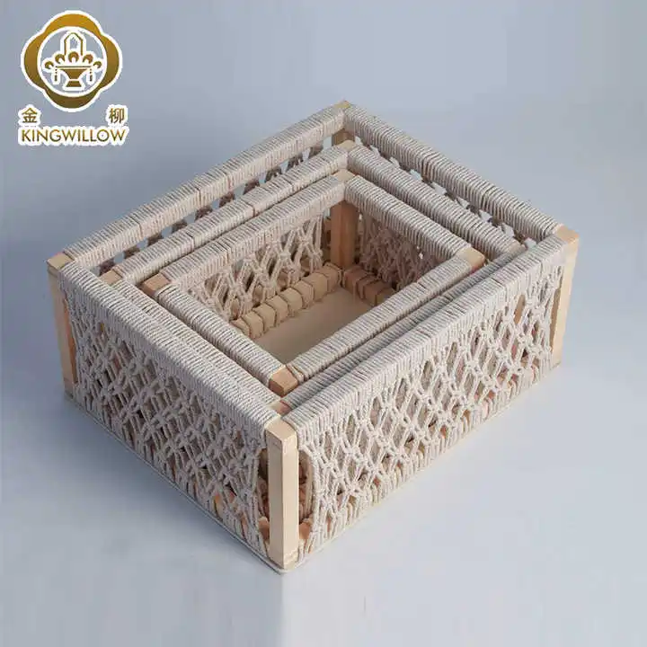 Factory  hot selling rectangular handmade wooden storage box wood sundries basket with cotton rope design customized  wholesale