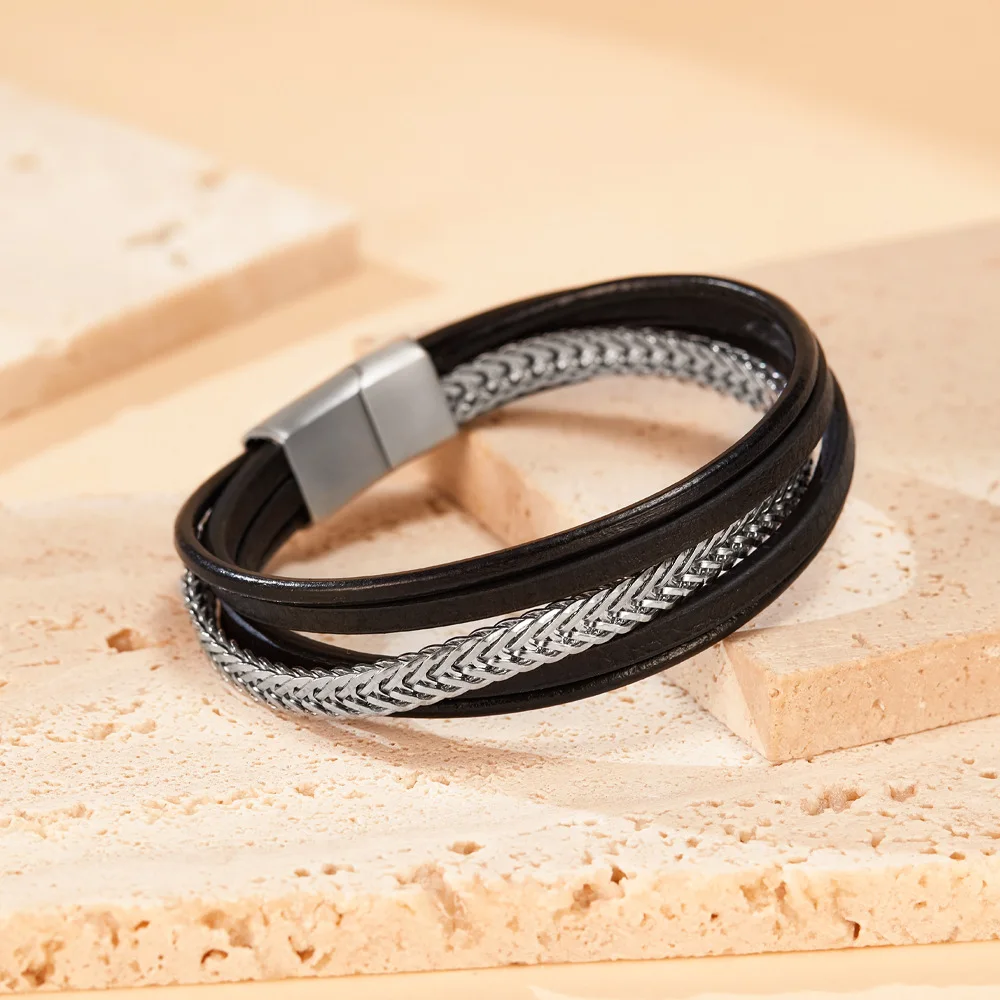 Hot Selling Retro Leather Bracelet 2024 Trendy Stainless Steel Chain Multilayer Leather Bracelet for Men