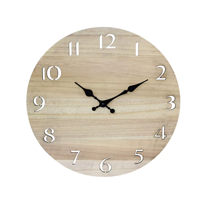 Modern Wood 14 Inch Round Battery Operated Hanging Wall Clock with Cut Out Numbers Natural Wood Base Wood Base