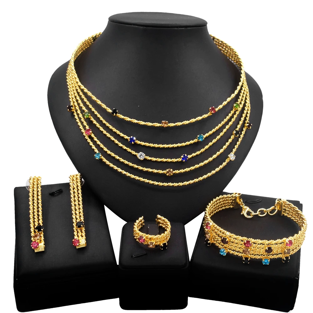 Yulaili Latest Jewels 24K Gold Plated Brazilian Style Jewelri Sets Fine 5A Zirconia Stones Necklace Bracelet Earrings Rings