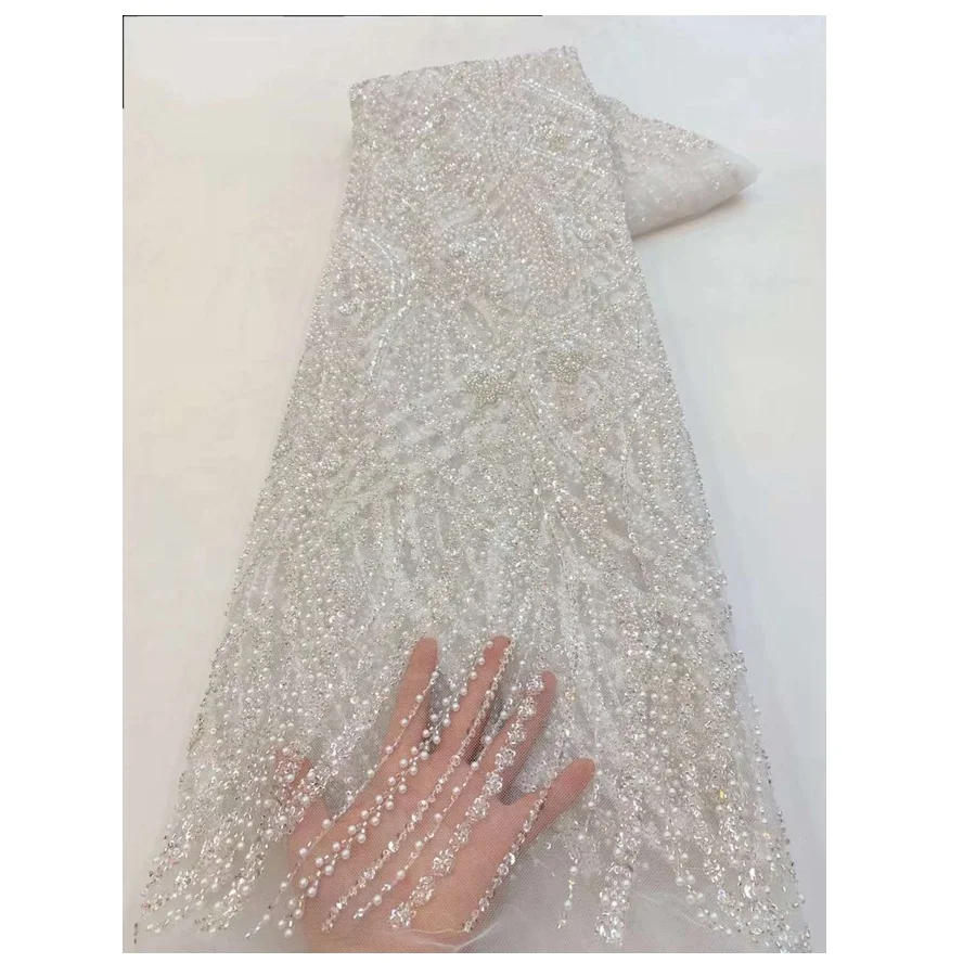 Nigerian Bridal Fabric Luxury Embroidery Beads Sequins Lace Pearls Beaded Lace Fabric For Women Wedding Dress