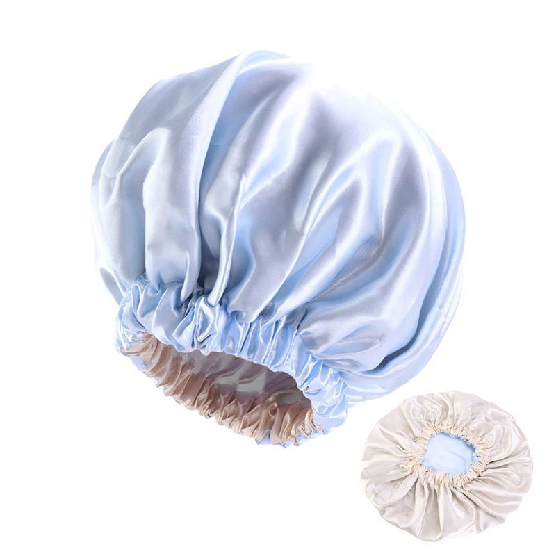 HaoKey Large Reversible Double Layer Silk Satin Shower Cap Sleep Hat Hair Care Elastic Bonnet