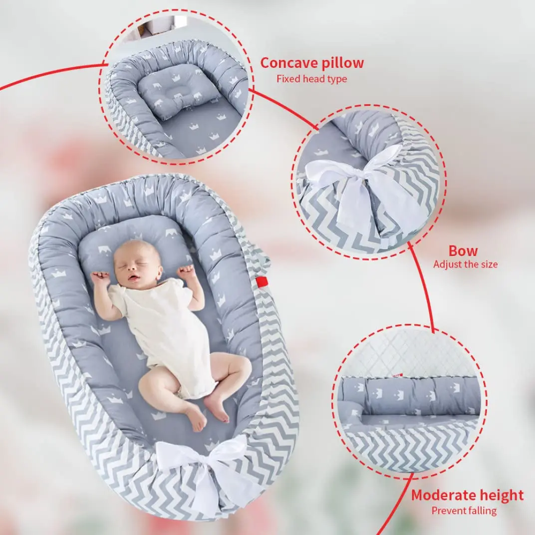 Portable Newborn Cushion Bed with Pillow Baby Lounger Pod Breathable Cotton Newborn Lounger