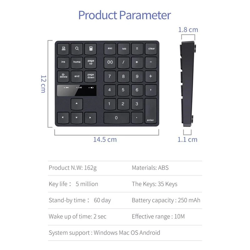 Rechargeable Mini Wireless Number Pad 35 Keys 2.4G Wireless Numeric Keypad Wireless Numeric Keyboard with Nano Receiver