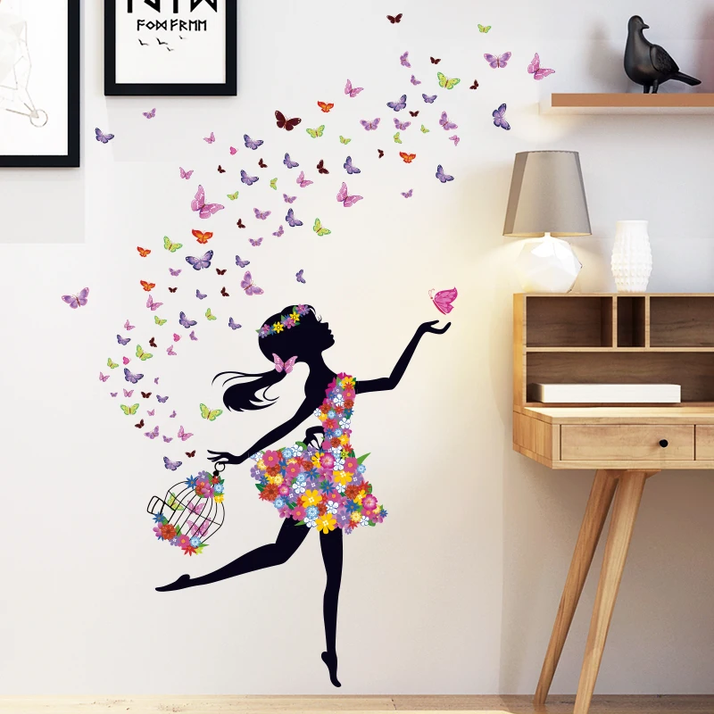 Fashion Beauty With Colorful Butterflies Dress And Birdcage Wall Stickers Elegant Women Wallpaper Home Decor For Woman Bedroom