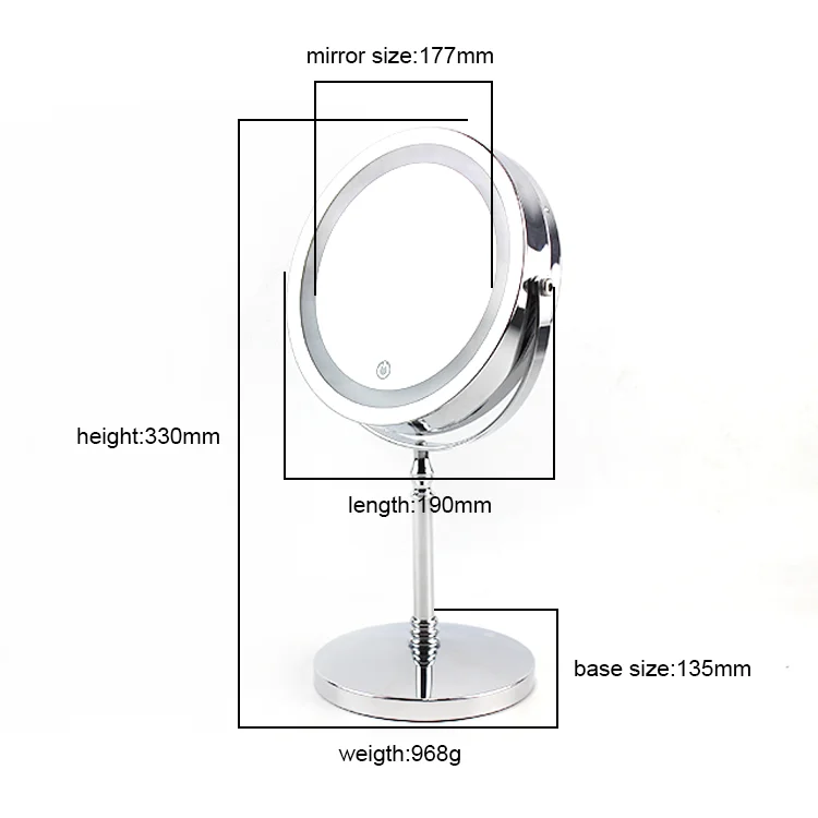 Round Chrome Double Sides Magnifying Desktop LED Cosmetic Mirror Modern Makeup Mirror With LED Light