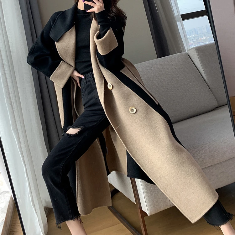 Winter Mid-Long Women Elegant Notched Collar Wool Blend Overcoat Double Breasted Pea Coat Trench Coat with Belt