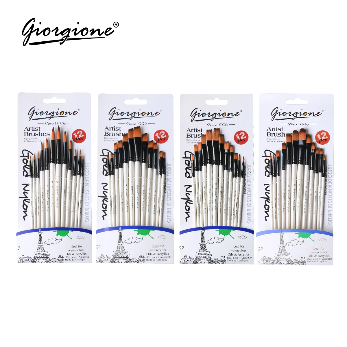 Giorgione 12pcs White Wood Handle Nylon Hair Paintbrush Watercolor Acrylic Oil Brushes For Artist Painting Wholesale