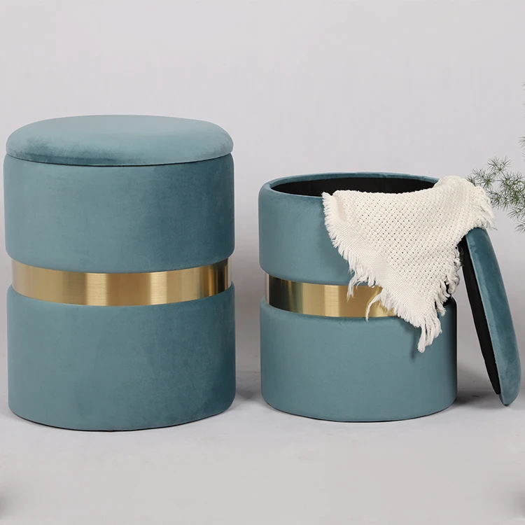 Round Velvet Storage Ottoman Foot Rest Stool/ Upholstered Footstool/ Side Table Seat Make Up Stool with Stainless Steel Band