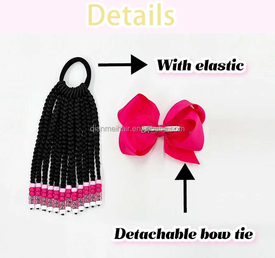 Vivian kids box braid ponytail with Laser beads glitter bow tie with rubber band colorful kids Cornrow Braids hair styles