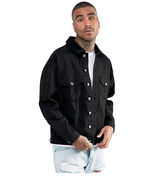 KY Men Jackets and Coats 2023 Clean Borg point  Collar Button Denim Jacket Placket Contrast Jeans Jacket for Men Black