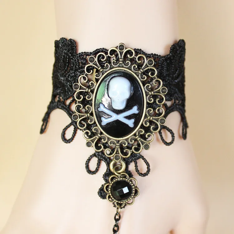 Black Lace Vintage Cameo Pirate Skull black gemstone finger ring bracelet retro antique slave bracelet with ring