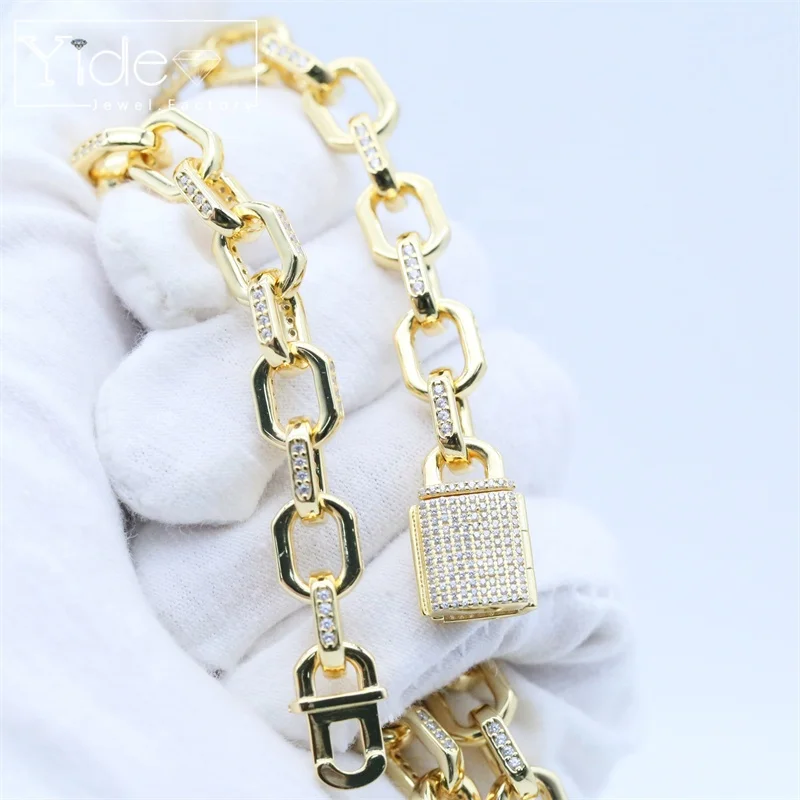 Paved cz diamond zircon cross chain iced out necklace jewelry lock shaped clasp hip hop bracelet