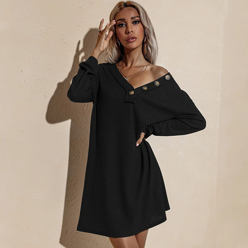 2021 Casual V-Neck Long Sleeve Sexy Fall Winter Street Wear Army Green Knitting Loose Plus Size Shirt Dress for women