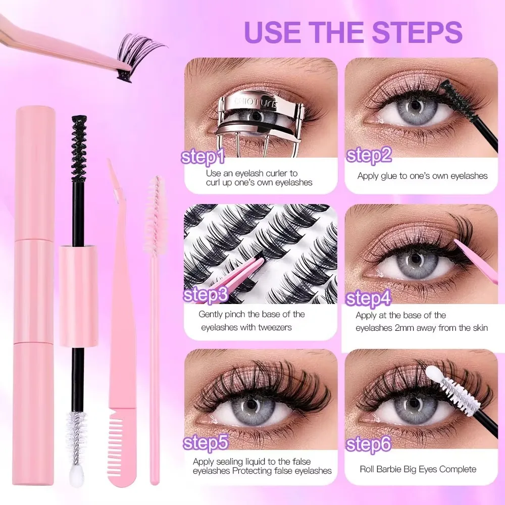 Natural 3D DIY Eyelash Extension Kit Fluffy Cluster Individual Lashes and D Curl Mix Length Eyelash Extension Kit with Bond Glue