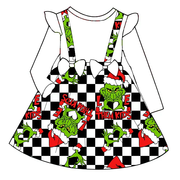 Christmas New Arrival Fashionable Kids Long Sleeve  Bowknot Overall  Dress Custom Printing  Comfortable Fabric Princess Dress