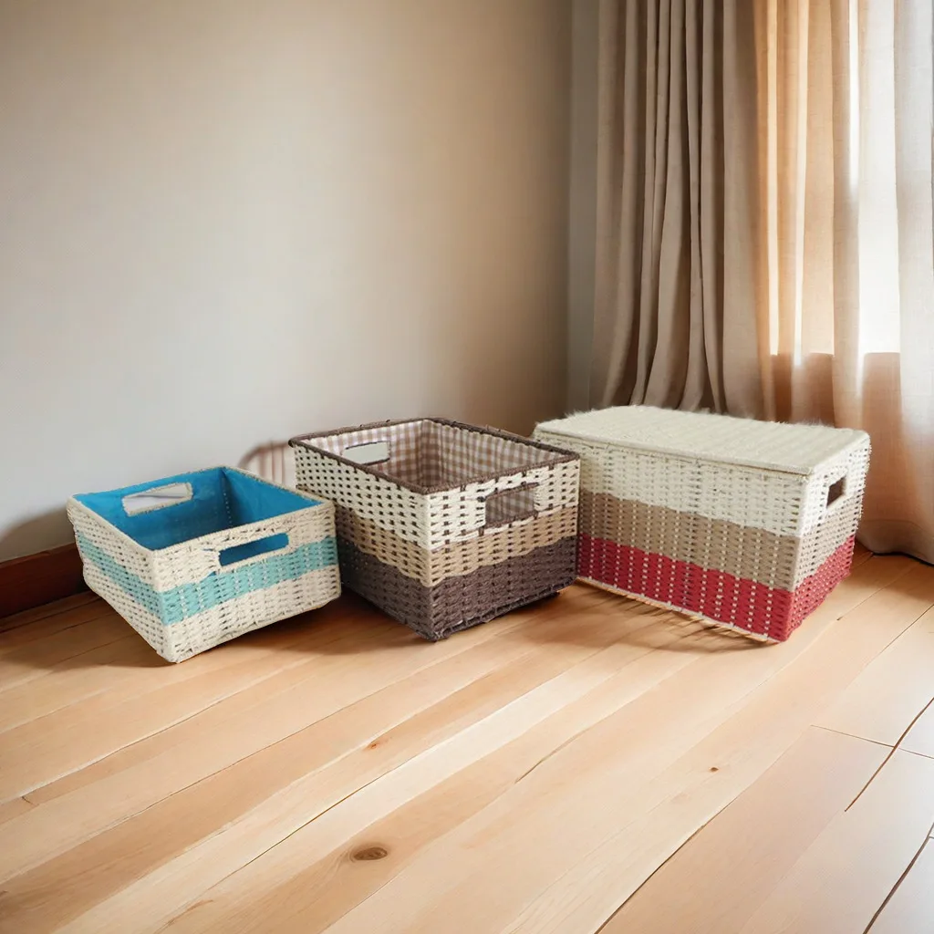 Set of 3 Mix-color Craft Paper rope woven Organizer Storage Box with lid clothes toys sundries handmade paper rope bakest set