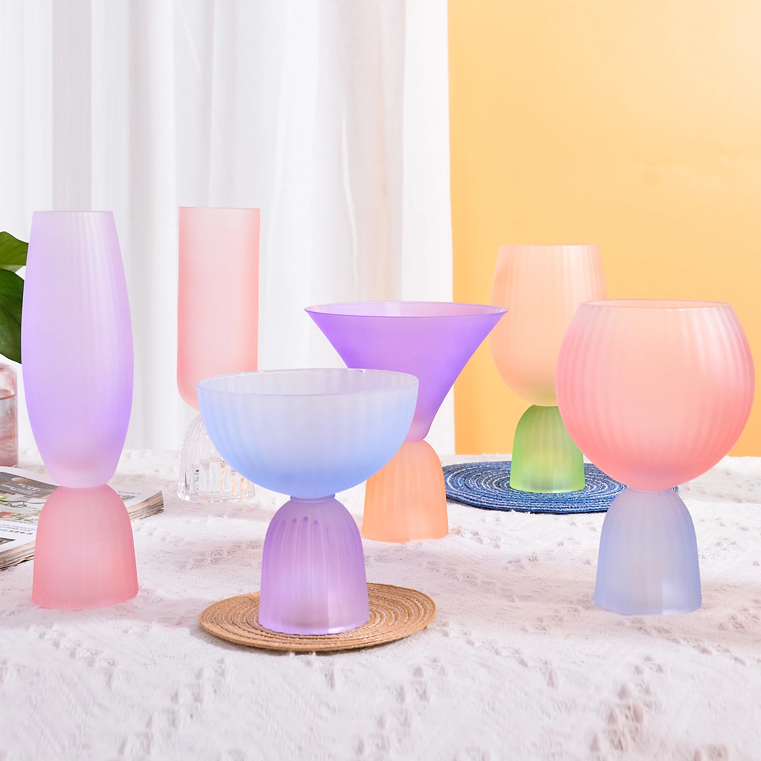 Samyo Luxury Nordic Frosted colored Crystal glass Ribbed ice cream Milkshake wine Dessert beer glasses cup for wedding bar gift
