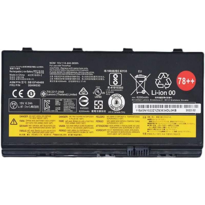 Original battery for Lenovo 00HW030 78++ 15V 96WH batteries for Lenovo ThinkPad P70 P71 P72  lithium ion battery laptop