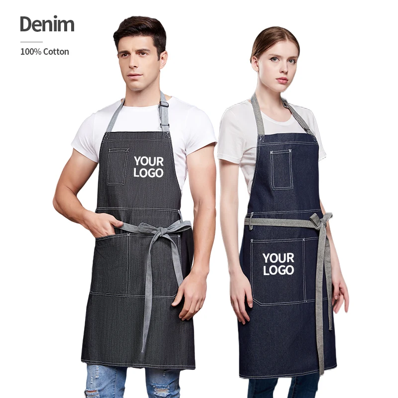 denim egg apron custom logo black denim bib apron with pockets 100% cotton barber denim apron