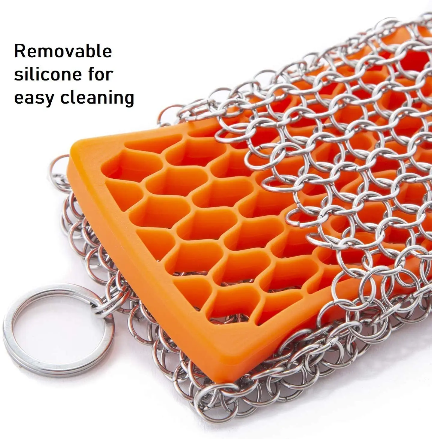 Stainless Steel Kitchen Tool Cleaning Cast Iron with Chain Mail Scrubber With Hollow Silicone Rubber Pad