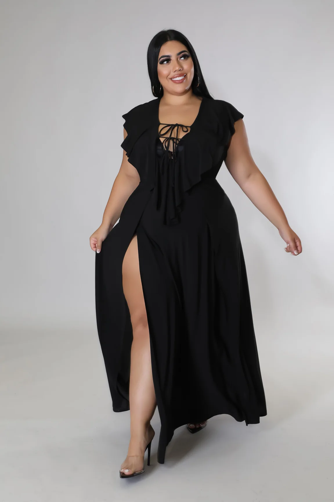 X33260 Amazon Europe and America  fashion Split dress solid color ruffled large size summer casual women dress plus size