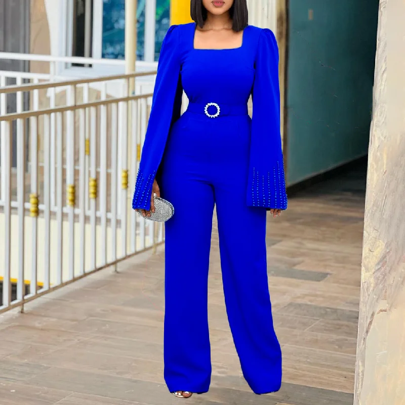 Latest Design Solid Color Plus Size Jumpsuits Elegant Beaded Cloak Wide Leg Jumpsuit With Belt