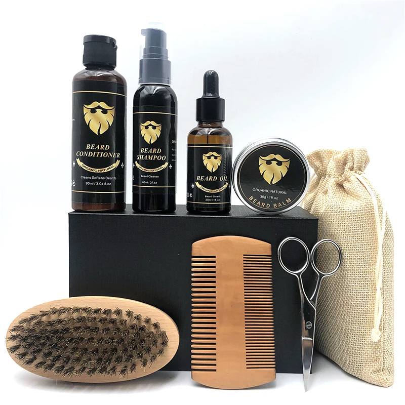 Men Gift Set Beard Care Products Wash Shampoo Conditioner Serum Wax Balm Grow Grooming Brush Comb Beard Growth Oil Kit Male