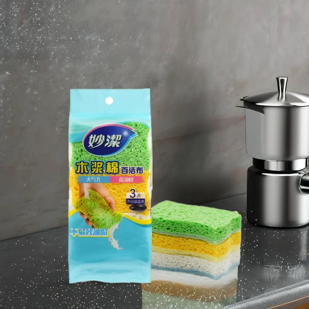 Natural Nylon Dishwashing Dish Sponges Household Kitchen Cleaning Scrub Sponges Cellulose Wood Pulp Sponge Set