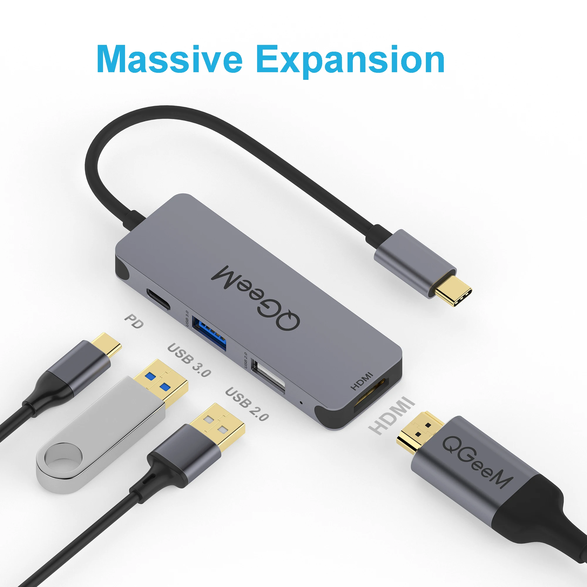  USB Hub 4 Port QGeeM 4-in-1 C(Thunderbolt 3) to HDMI Adapter 100W PD Compatible with MacBook Pro XPS