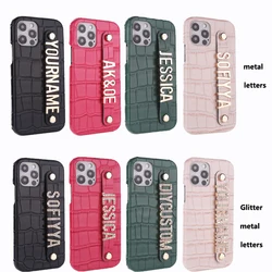 Holding Strap Metal Personalization Custom Initial Name Pebble Grain Luxury Real Leather Phone Case for iPhone 14