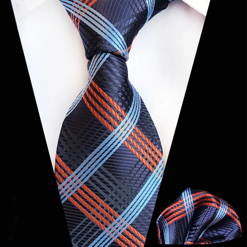 Classic 8cm Ties Pocket Square Set Men Silk Tie Luxury Striped Plaid Checks Business Neck Tie for Men Suit Cravat Wedding Party