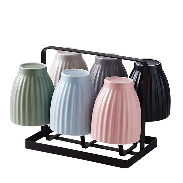 Macarons color  vertical stripes design home good 280 ml ceramic coffee mugs without handles with holder