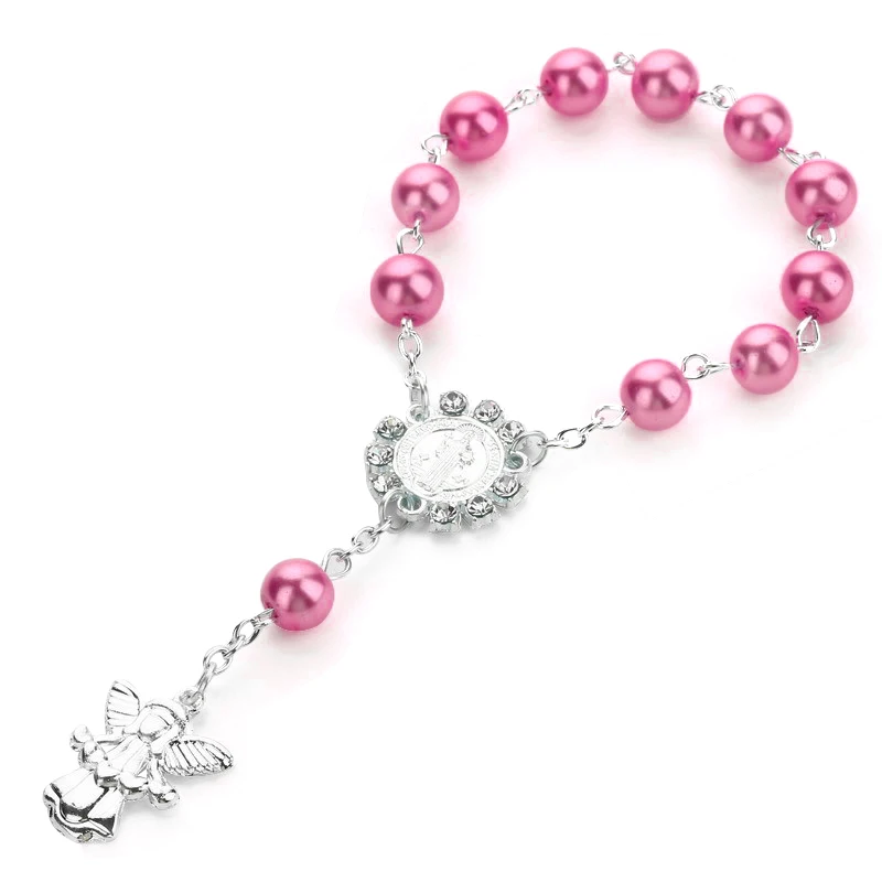 Religious colorful Jewelry Catholic Holy Communion Sublimation Rosary Bracelet Angel Pendants Baptism Gift