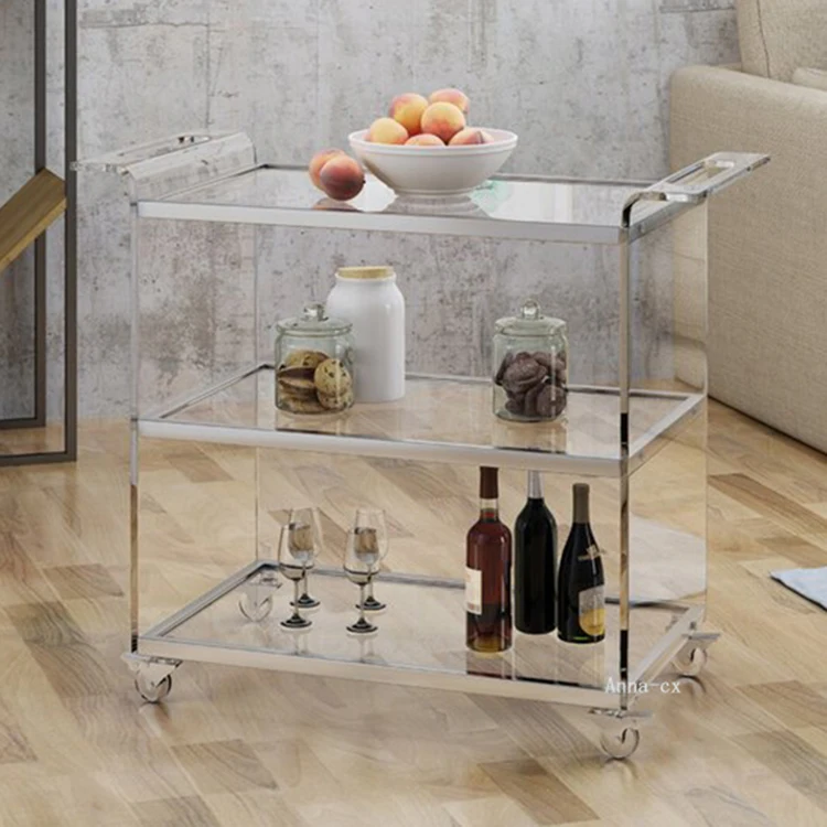 Easy Assembly Stainless Steel Kitchen Trolley Acrylic Mobile Cart With Glass Self