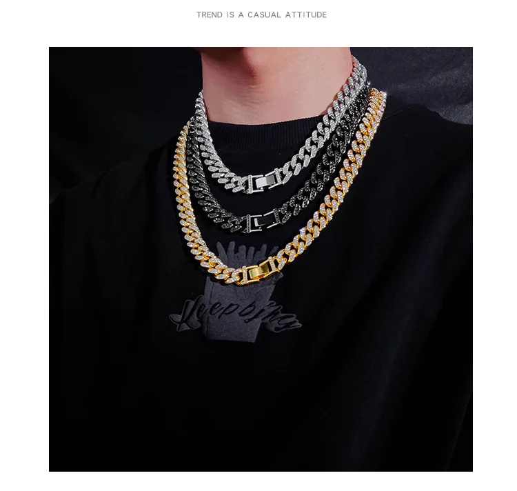 Fashion Jewelry  accessories Double row full drill hip hop Cuban chains for Men crude chain link necklace