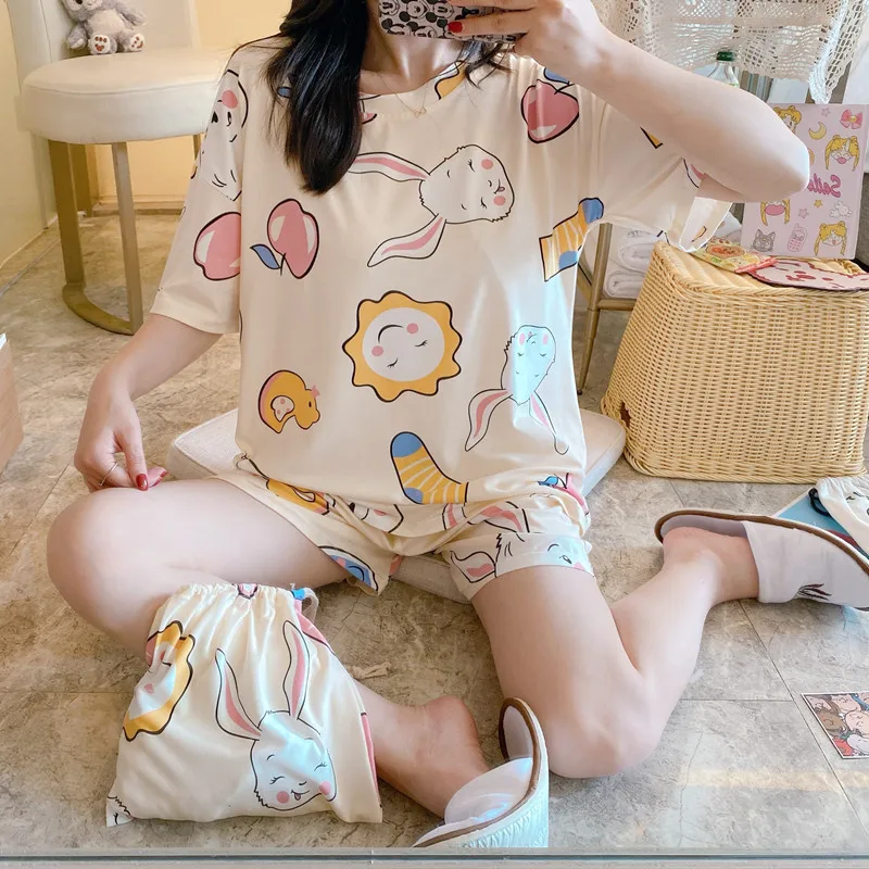 Summer short-sleeved three-piece shorts Cute Korean style sweet loose plus size homewear pajamas get buggy bag free