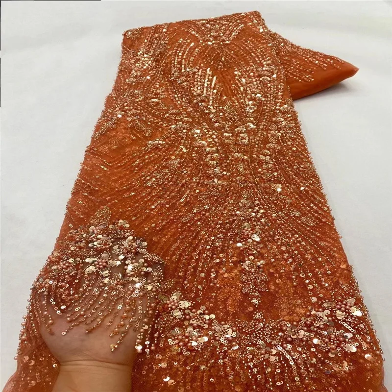 Luxury French Lace Fabric Tulle Net Elegant Heavy Beads 5 Yards Handmade Sequins Fabric Nigeria Wedding Bridal Dress for Party