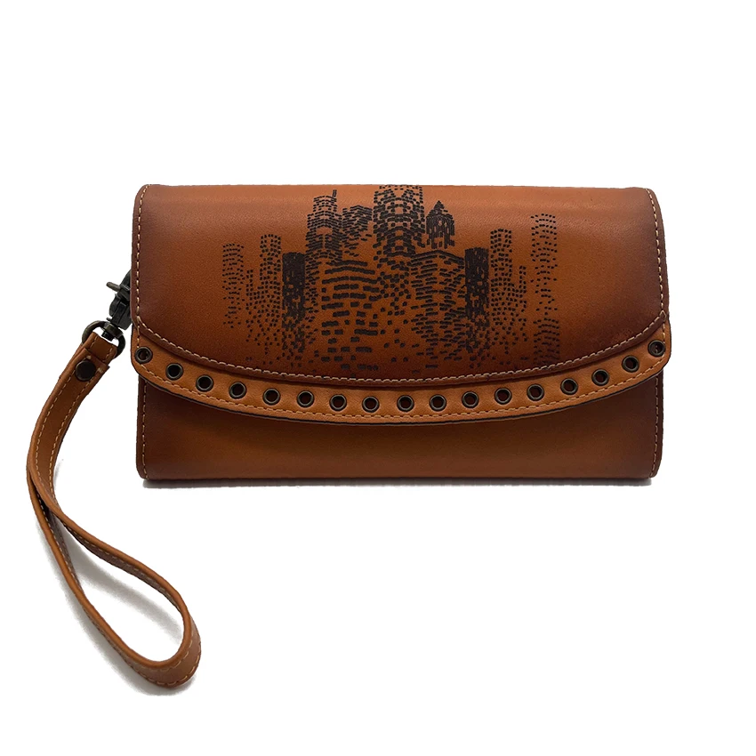 High Quality Retro Genuine Leather Wallet Unisex Long Handheld Sling Wallet Rivet Design Card Holder Bag