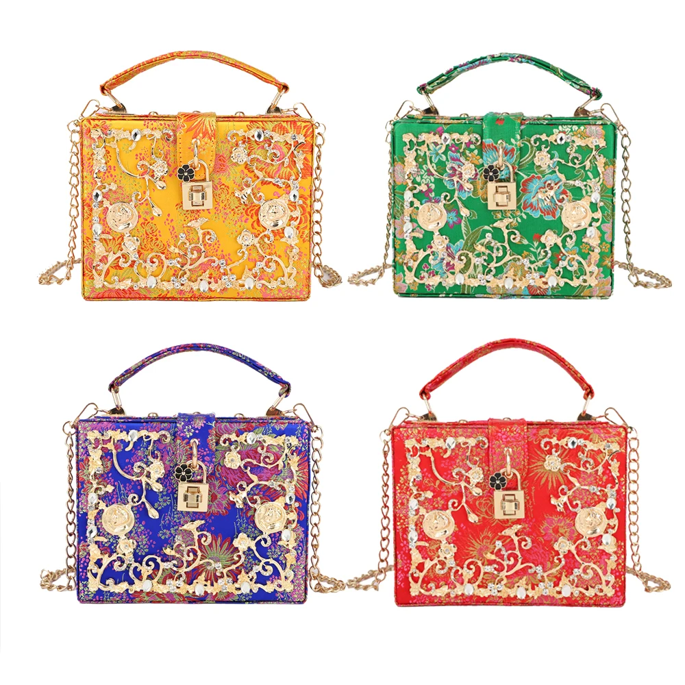 Luxury Designer Embroidered Floral Women Rhinestone Evening Bag Lock Crossbody Square Diamond Box Handbag Clutch Bags