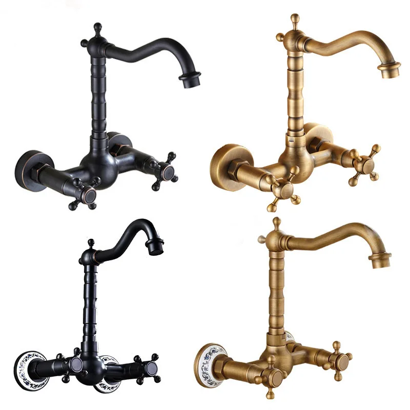 All Copper Wall Double Handles and Dual Control Faucet Hot and Cold Vintage Sink Outdoor Ancient Costume Style Factory Wholesale