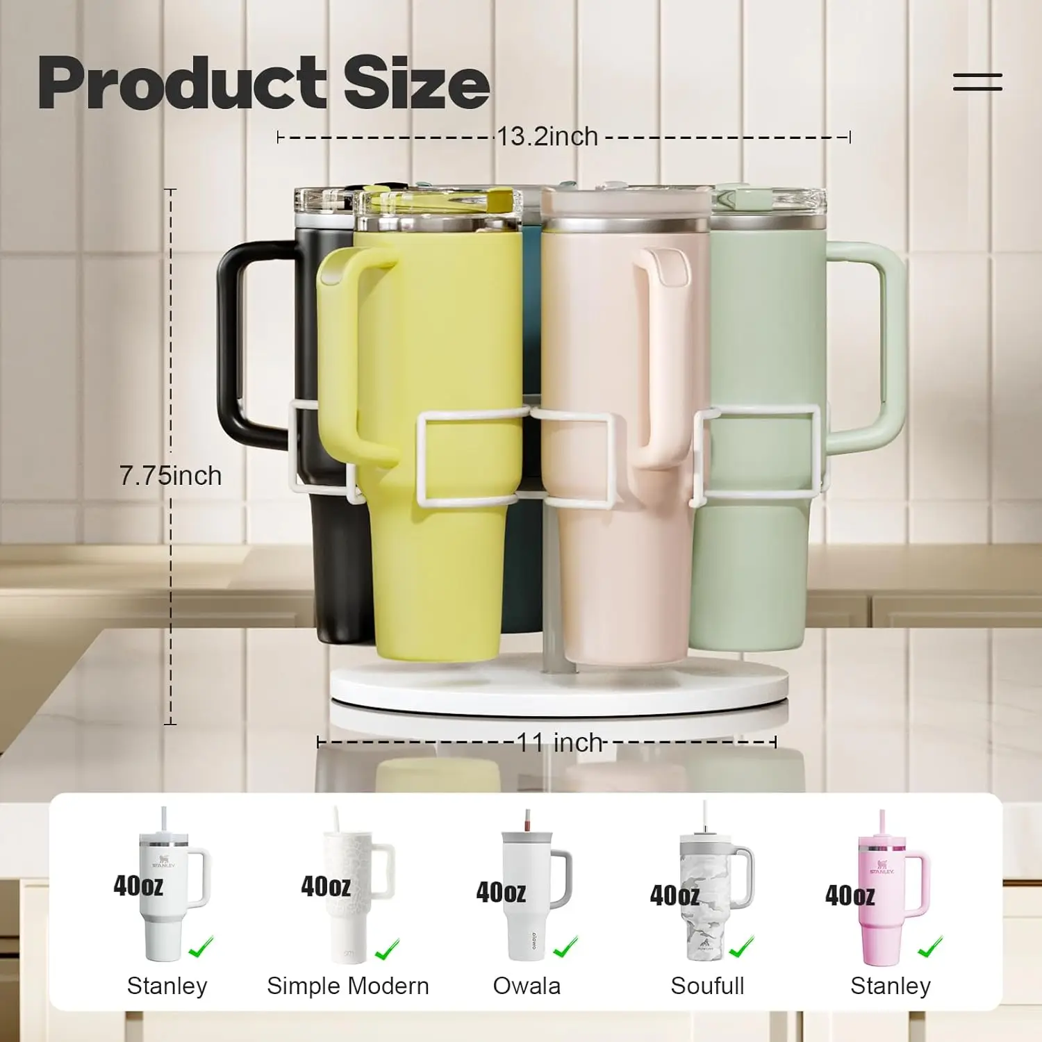 Stanley 40 oz Cup Organizer Storage Rotating Tumbler Holder Water Bottle Rack for Kitchen Organization with Non-Slip Pad
