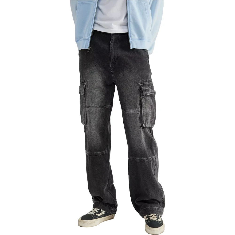 classic high waist bellow thigh pockets baggy mid weight jeans monkey wash loose fit 6 pocket cargo pants full length trousers