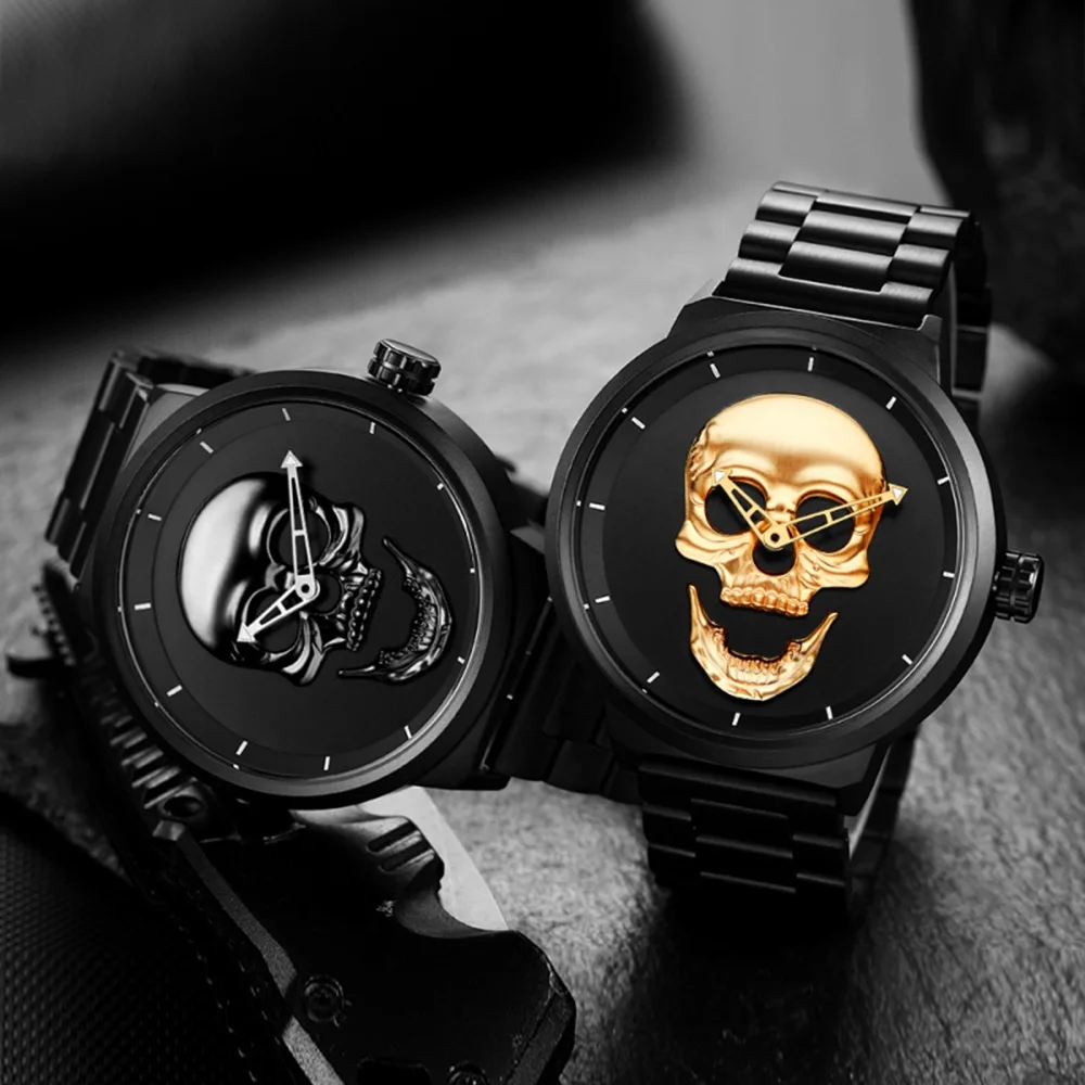 2021 Cool Fashion Big Size Round Face Golden Silver Skull Dial Orginal Stainless Steel Strap For Casual Mens Luxury Watches